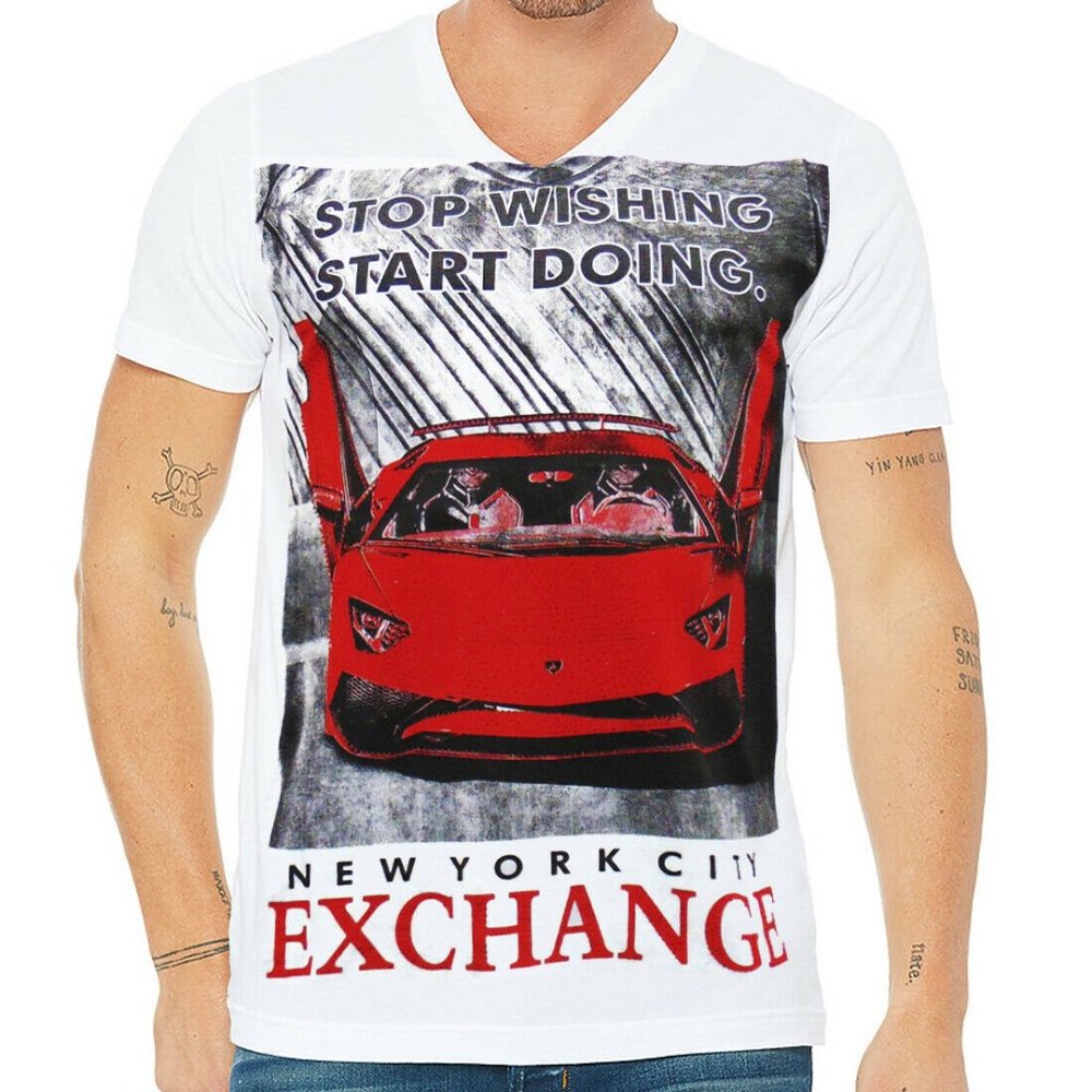 NWT EXCHANGE LUXURY RED CAR MEN'S WHITE V-NECK SHORT SLEEVE T-SHIRT SIZE S M L